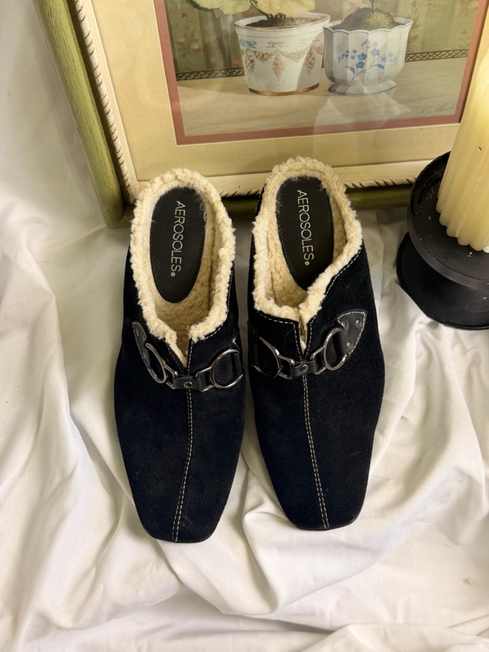 AEROSOLES Black Suede Shearling-Trim Horsebit Mules Clogs - Picture 3 of 8